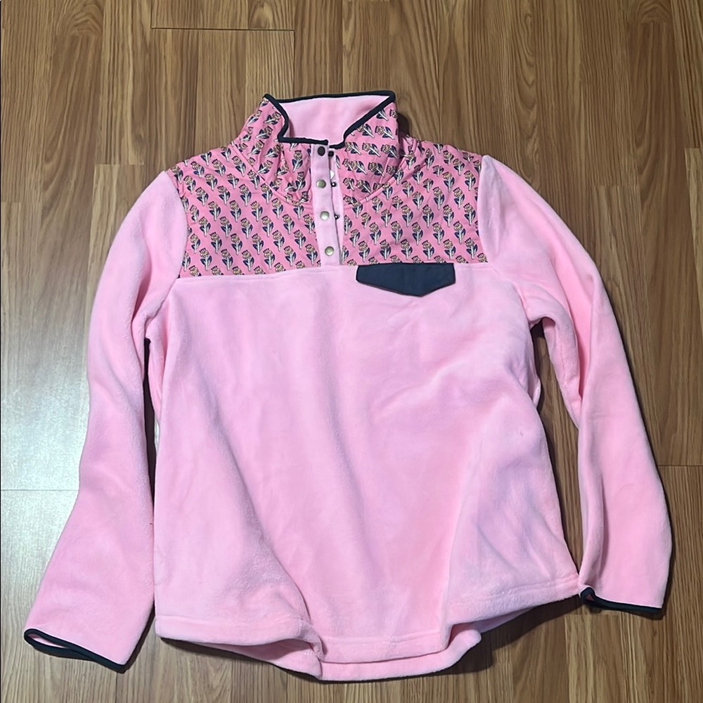 Pink Fleece Pullover with Patterned Yoke